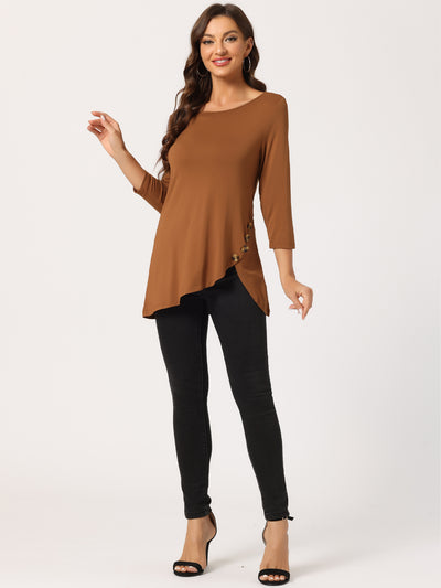 3/4 Sleeve Round Neck Button Decor Casual Stretchy Tunic Tops