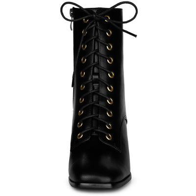 Square Toe Lace Up Chunky Heel Ankle Zipper Combat Boots