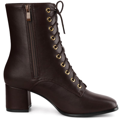 Square Toe Lace Up Chunky Heel Ankle Zipper Combat Boots