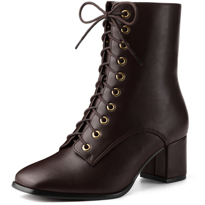 Allegra K Square Toe Lace Up Chunky Heel Ankle Zipper Combat Boots
