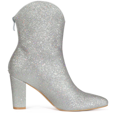 Glitter V Shape Pointy Toe Back Zipper Block Heel Mid Calf Boots