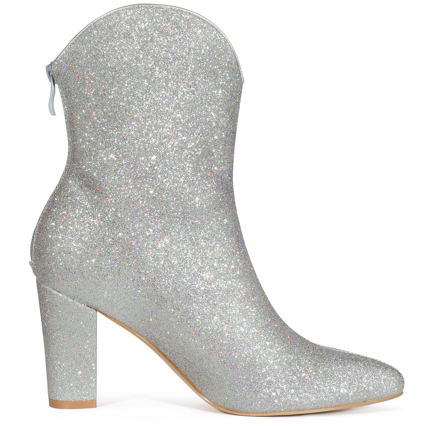 Allegra K Glitter V Shape Pointy Toe Back Zipper Block Heel Mid Calf Boots