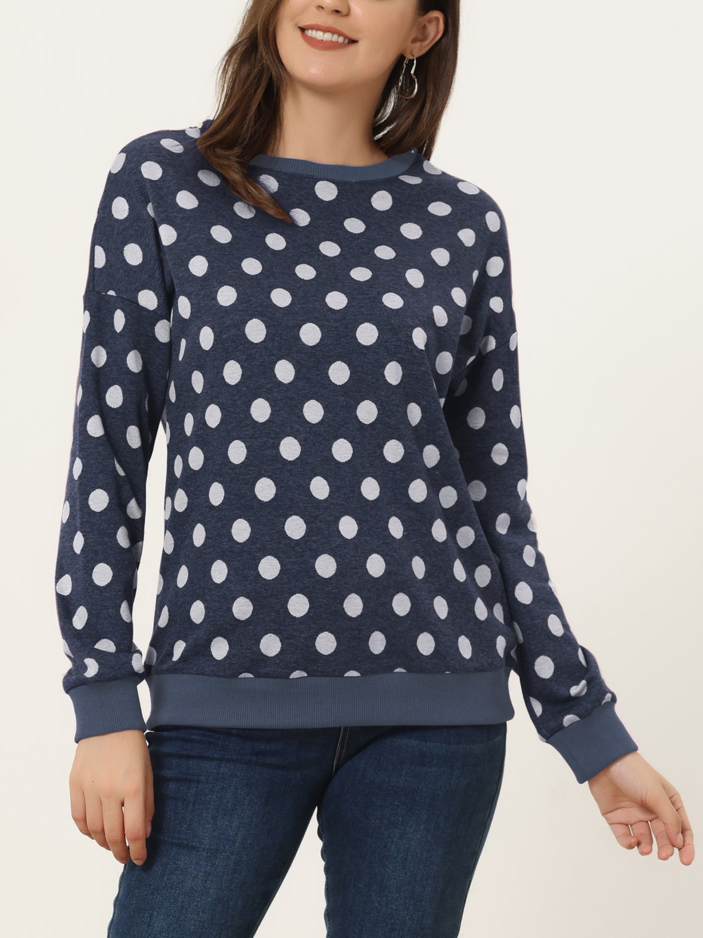 Allegra K Winter Knitted Pullover Sweatshirt Long Sleeve Polka Dot Sweater