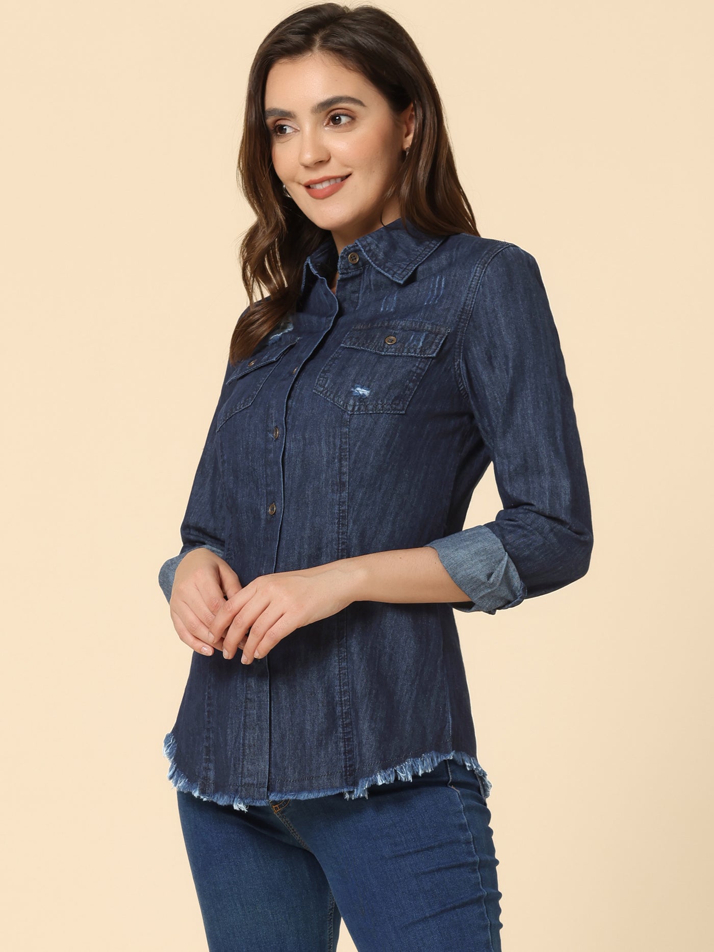 Allegra K Jeans Blouse Long Sleeve Button Down Distressed Frayed Denim Shirt