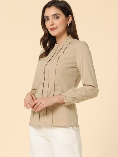 Mock Neck Blouse Ruffle Work Office Pleated Button Up Shirt