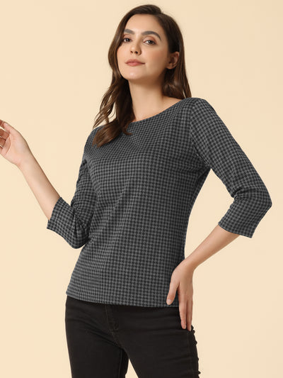 Work Office 3/4 Sleeve Boat Neck Houndstooth Printed Top Blouse