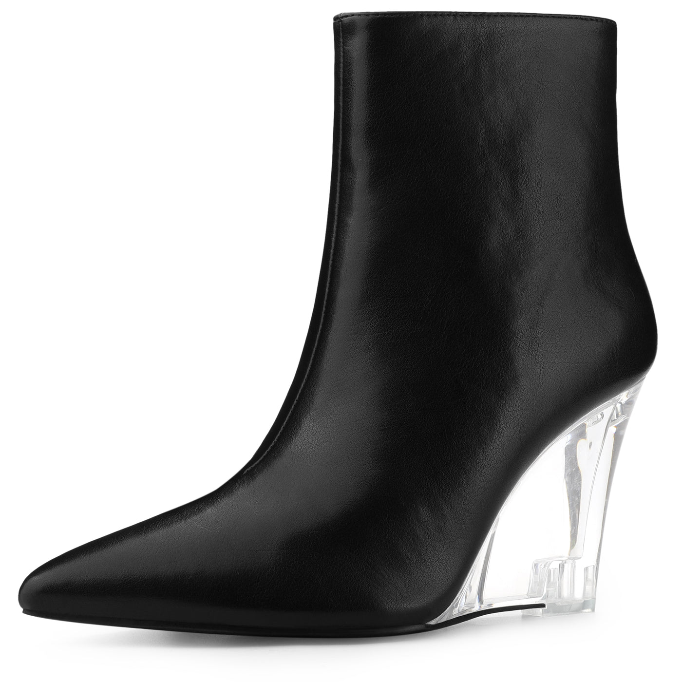 Allegra K Clear Heel Pointed Toe Wedge Heel Faux Leather Ankle Boots