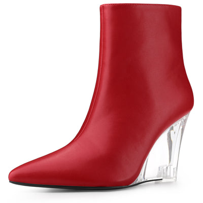 Clear Heel Pointed Toe Wedge Heel Faux Leather Ankle Boots