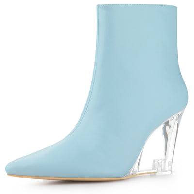 Clear Heel Pointed Toe Wedge Heel Faux Leather Ankle Boots