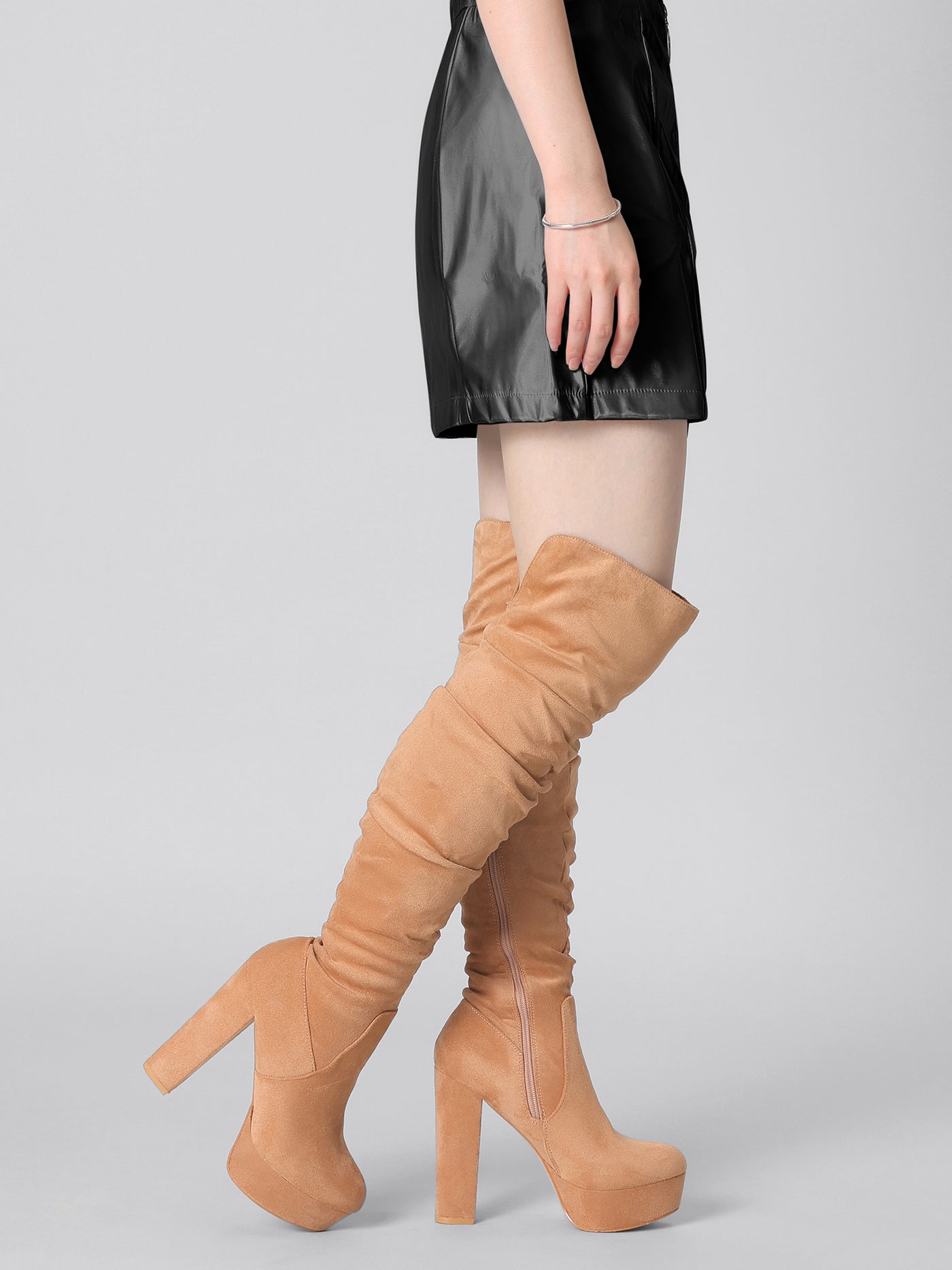 Allegra K Round Toe Zipper V Shape Chunky Heel Over the Knee High Boots