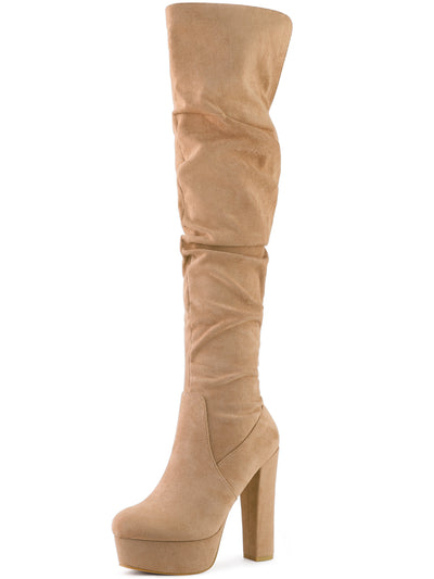 Allegra K Round Toe Zipper V Shape Chunky Heel Over the Knee High Boots