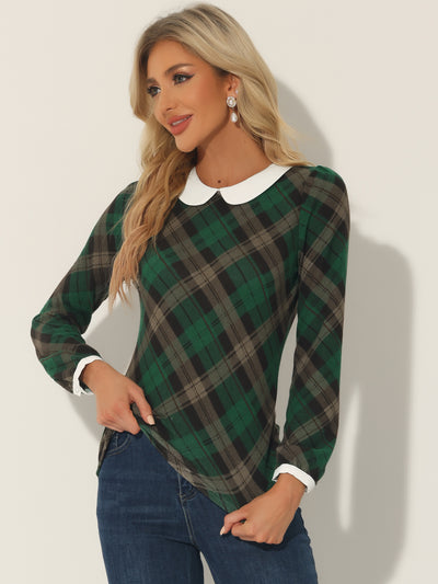 Peter Pan Collar Contrast Puff Sleeve Party Plaid Shirt Blouse
