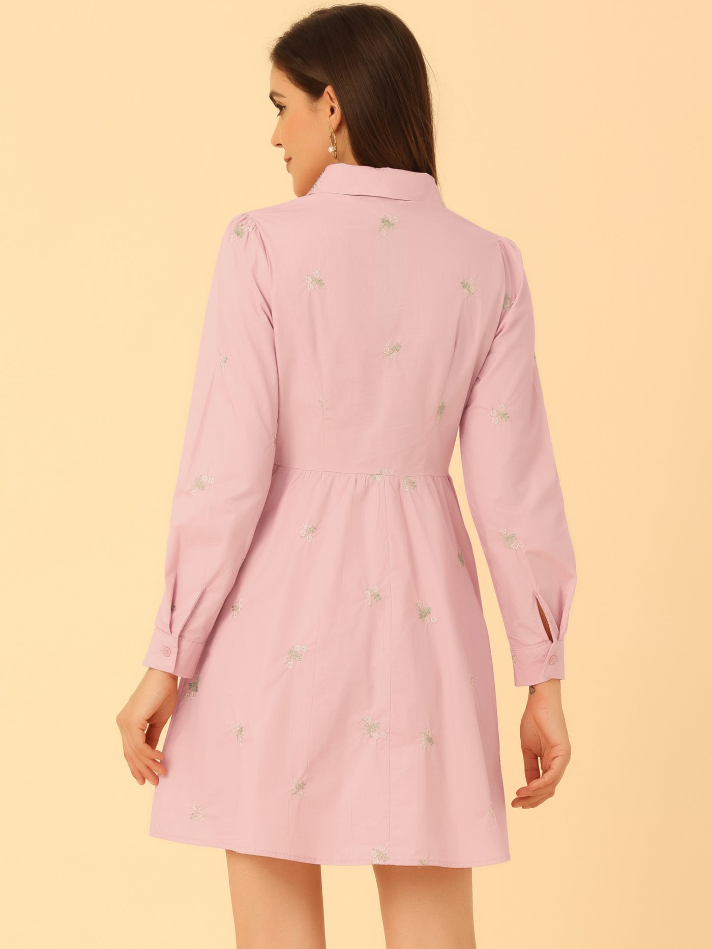 Allegra K Casual Long Sleeve Half Placket Embroidered Floral Mini Shirt Dress