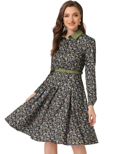 Floral Contrast Collar Belted Long Sleeve Retro Work Office Dress