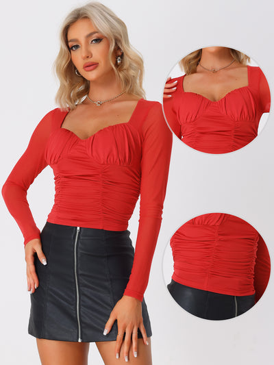 Long Sleeve Mesh Sweetheart Neck Padded Bust Ruched Blouse