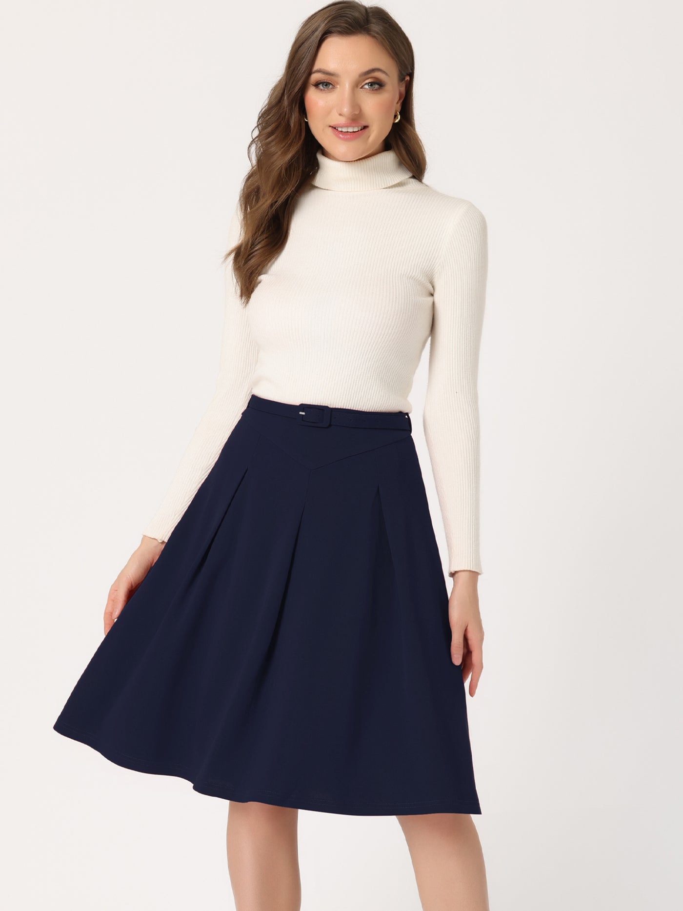 Allegra K Women's A-Line Belted Waist Casual Midi Flare Pleated Skirt