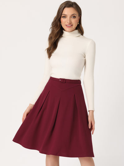 Women's A-Line Belted Waist Casual Midi Flare Pleated Skirt