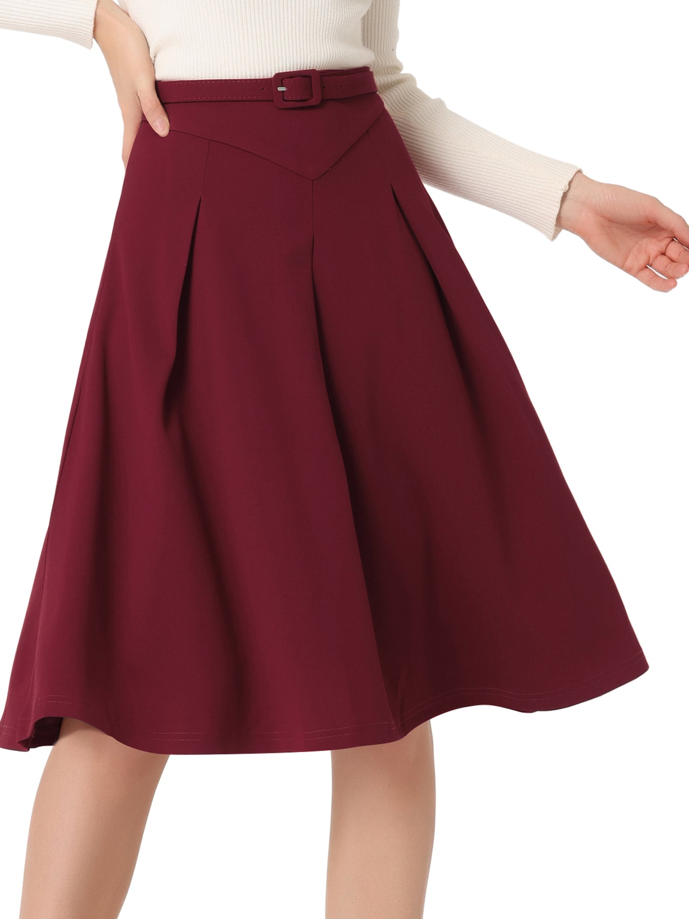 Allegra K Women's A-Line Belted Waist Casual Midi Flare Pleated Skirt