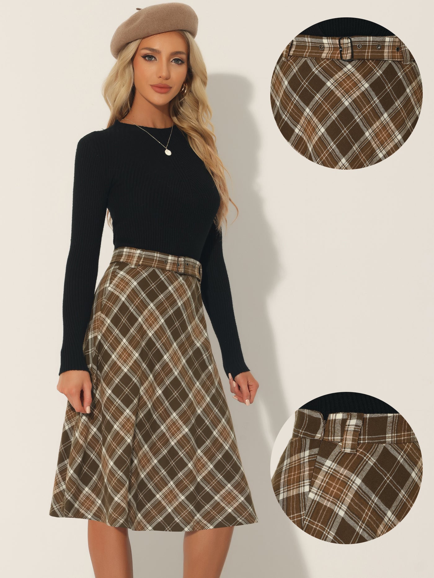 Allegra K Vintage Tartan Plaid High Waist Belted Retro A-Line Midi Skirt