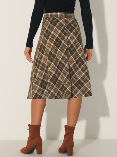 Vintage Tartan Plaid High Waist Belted Retro A-Line Midi Skirt