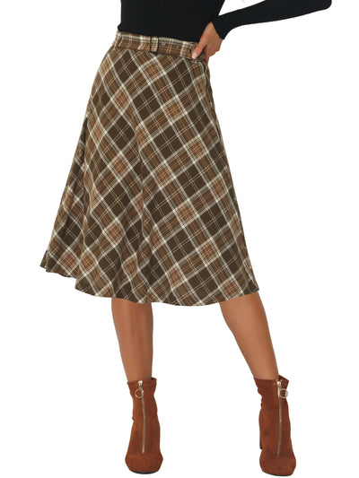 Vintage Tartan Plaid High Waist Belted Retro A-Line Midi Skirt