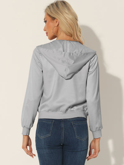 Casual Zipper Front Satin Hooded Bomber Jacket