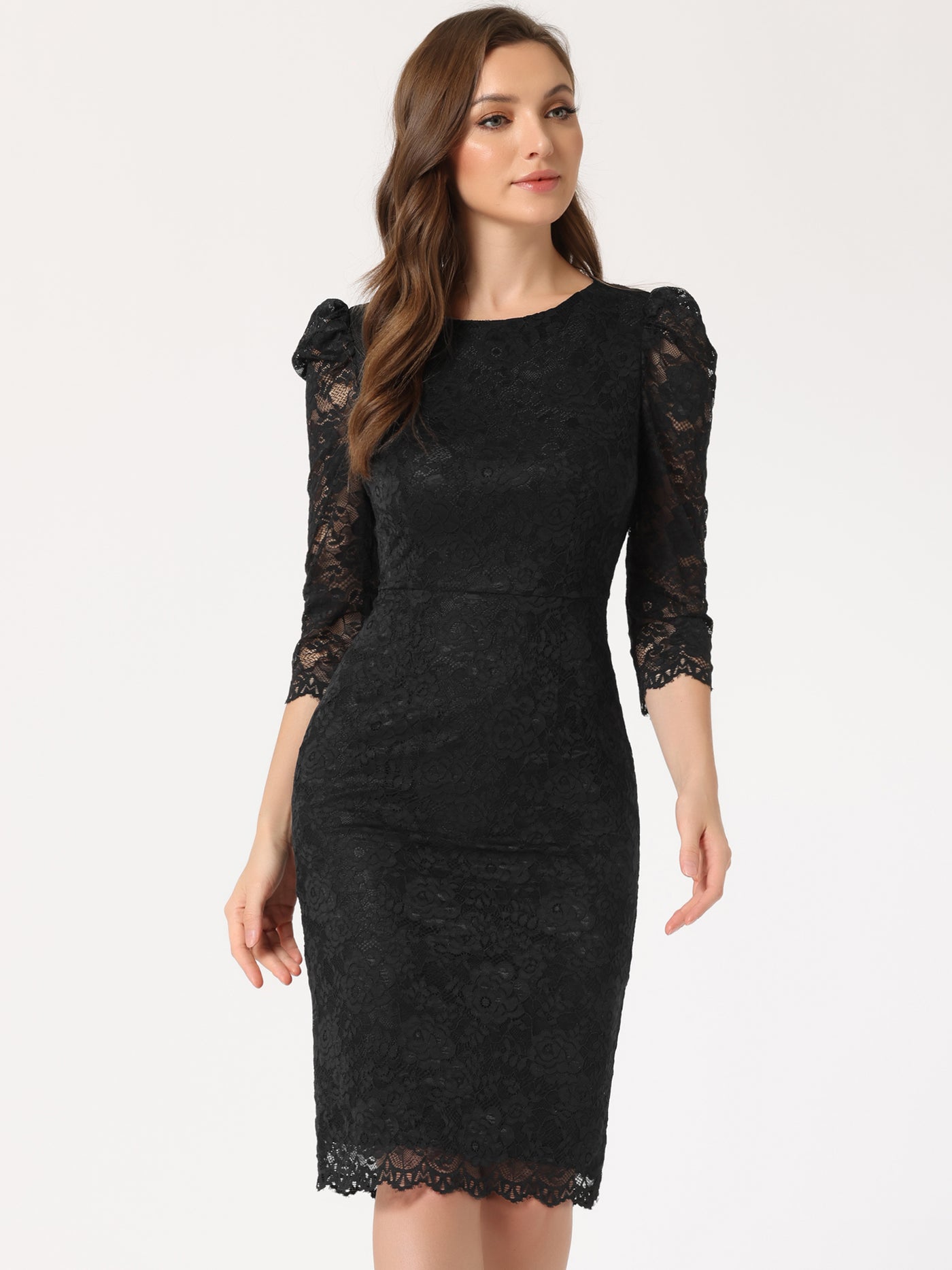 Allegra K Lace Floral Crew Neck 3/4 Sleeve Bodycon Guest Cocktail Dress