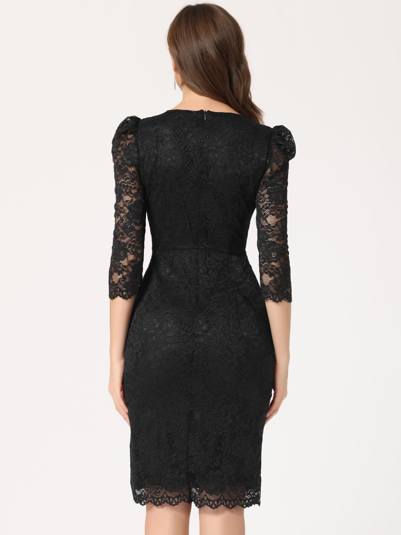 Allegra K Lace Floral Crew Neck 3/4 Sleeve Bodycon Guest Cocktail Dress