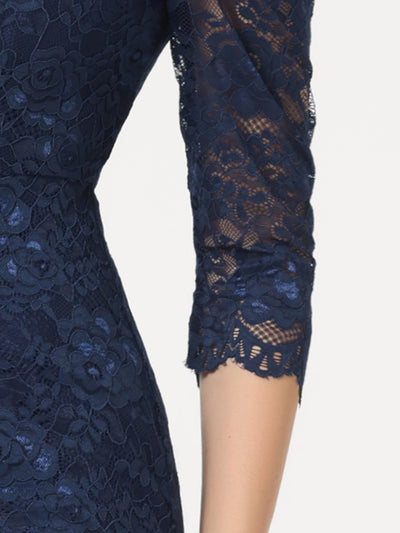 Lace Floral Crew Neck 3/4 Sleeve Bodycon Guest Cocktail Dress