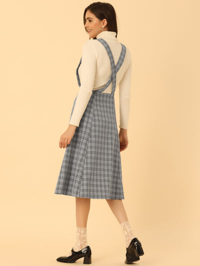 Plaid Overall Dress High Waist A-Line Tartan Suspender Midi Skirt