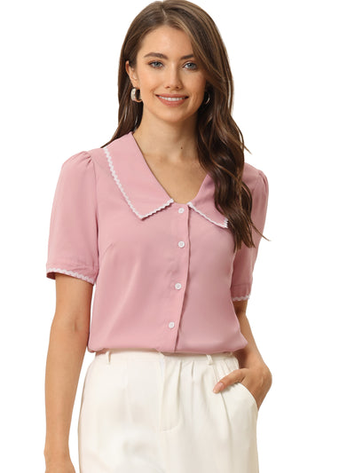 Short Sleeve Chiffon Collared Casual Work Button Down Blouse