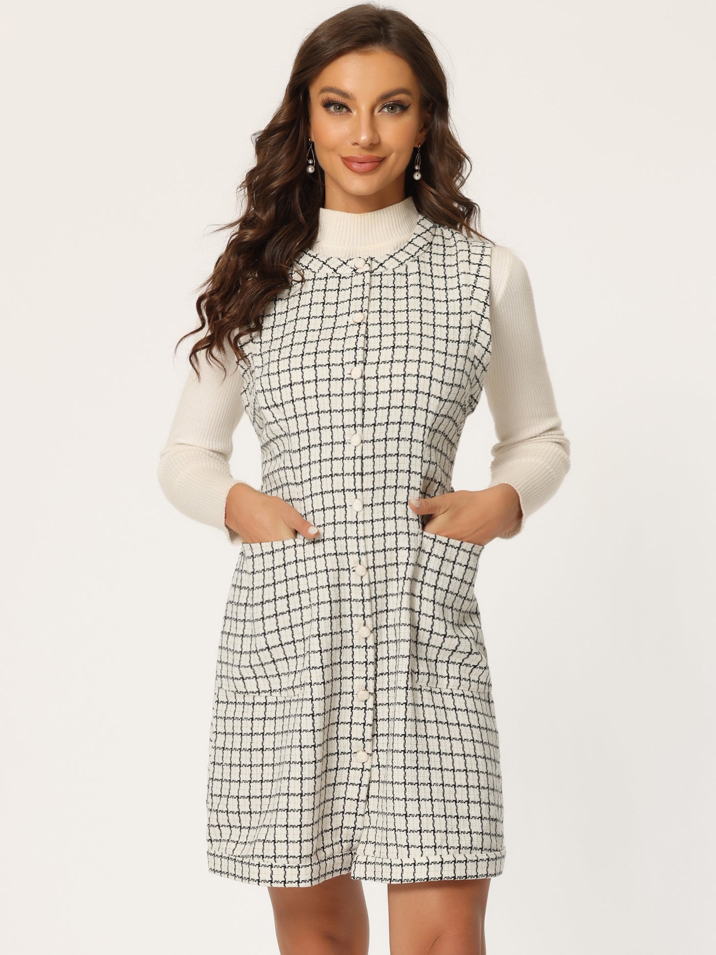 Allegra K Vintage Pinafore Round Neck Button Down Sleeveless Plaid Tweed Dress