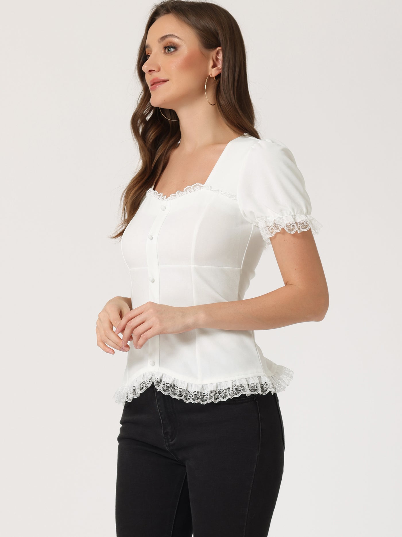 Allegra K Sweetheart Neck Puff Short Sleeve Lace Up Gothic Blouse