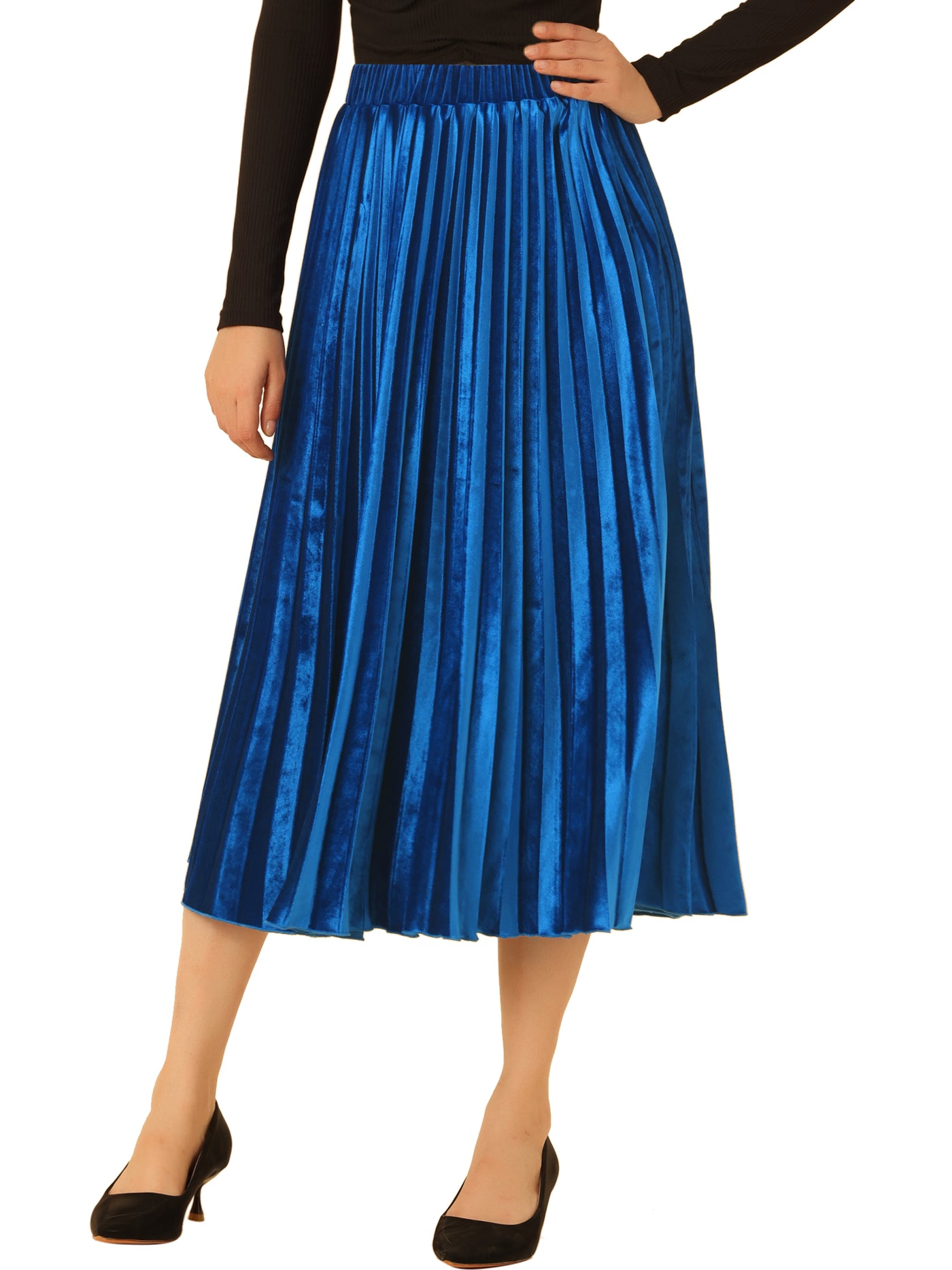 Allegra K Party High Elastic Waist Velvet Pleated Midi Skirt