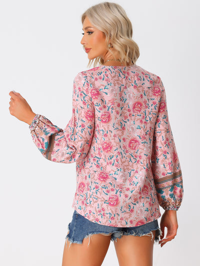 Boho V Neck Floral Loose Long Sleeve Tie Front Casual Blouse