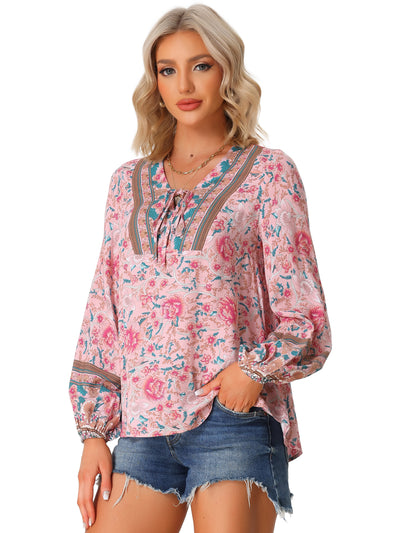 Boho V Neck Floral Loose Long Sleeve Tie Front Casual Blouse