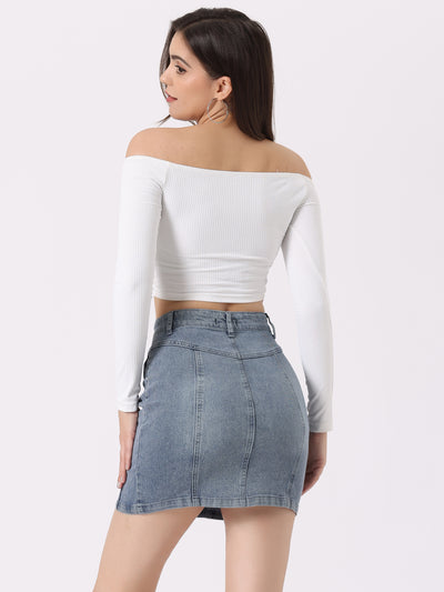 Zip Front Denim Stretch Washed Slim Fit High Waist Mini Skirt