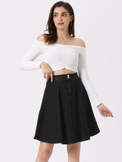 High Waisted A-Line Flared Casual Denim Midi Skirt