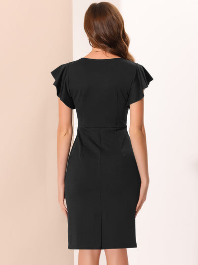 Ruffle Sleeve Solid V Neck Ruched Front Elegant Bodycon Dress