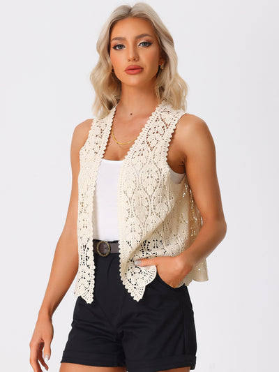 Women's Floral Crochet Hollow Out Sleeveless Open Front Boho Vest Cardigan