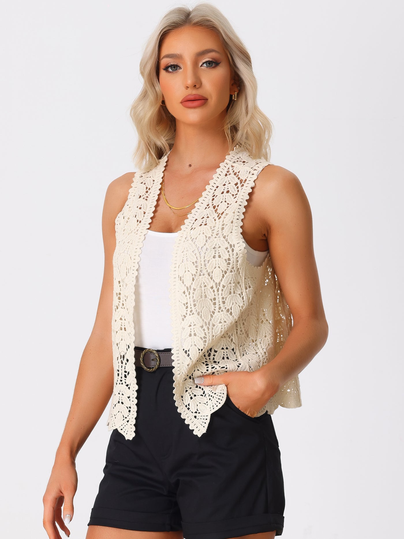 Allegra K Women's Floral Crochet Hollow Out Sleeveless Open Front Boho Vest Cardigan