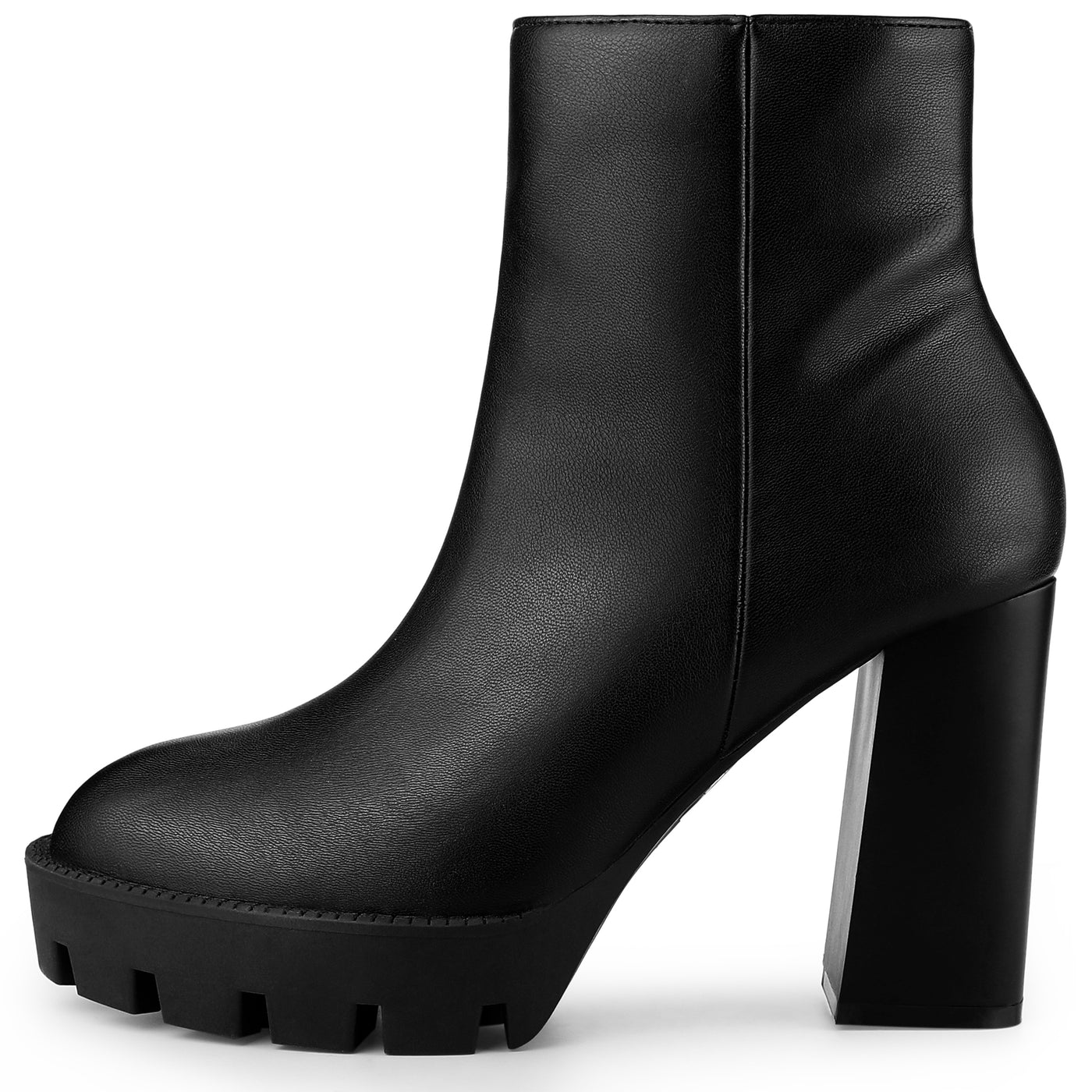 Allegra K Faux Leather Round Toe Side Zip Block Heel Ankle Boots