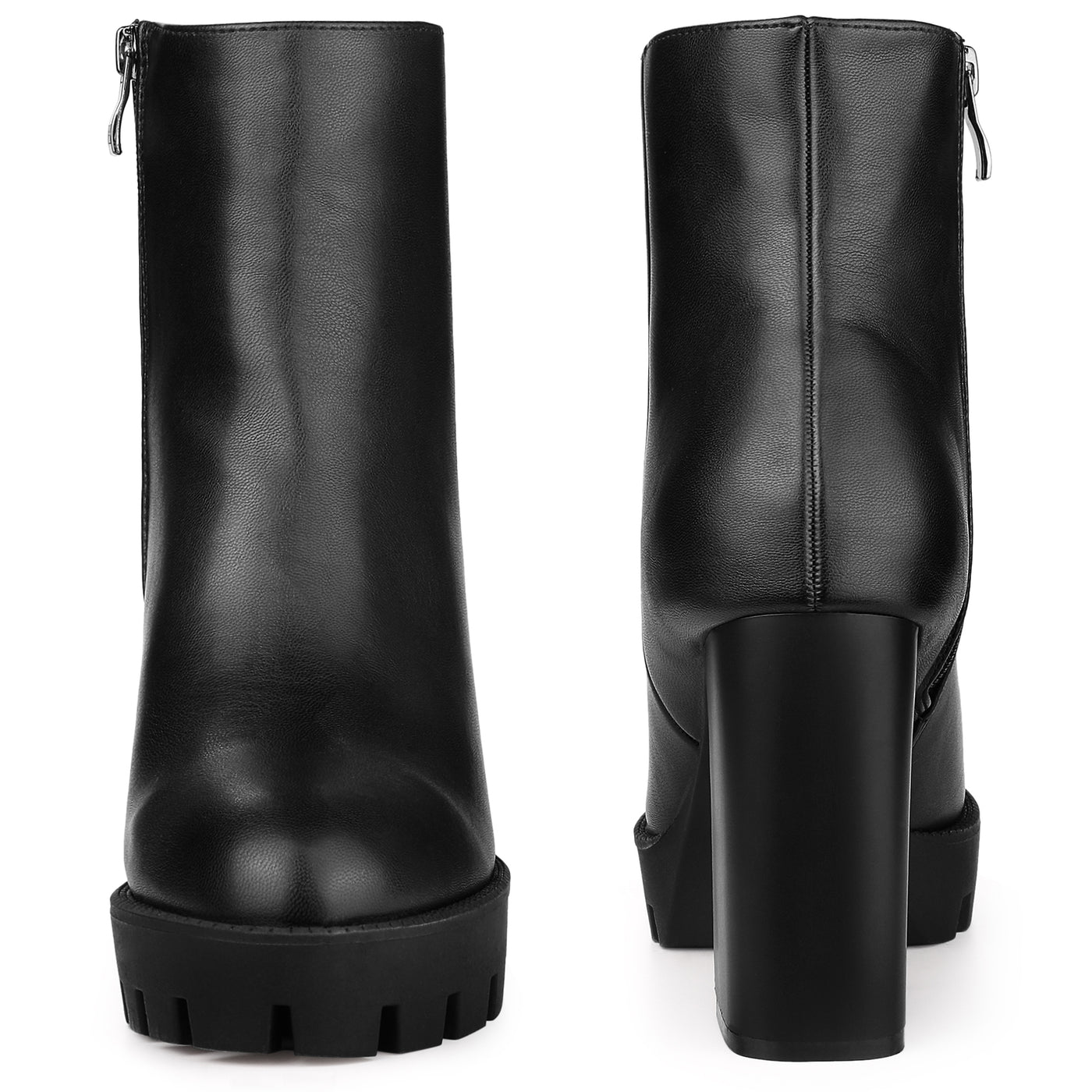 Allegra K Faux Leather Round Toe Side Zip Block Heel Ankle Boots