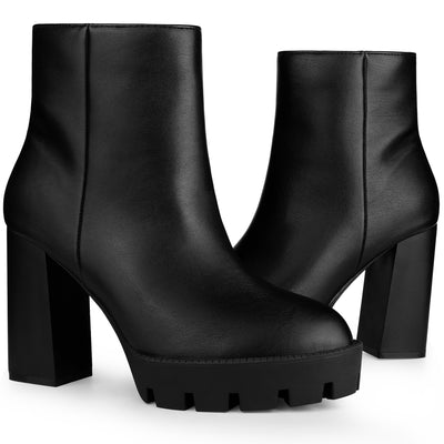Faux Leather Round Toe Side Zip Block Heel Ankle Boots