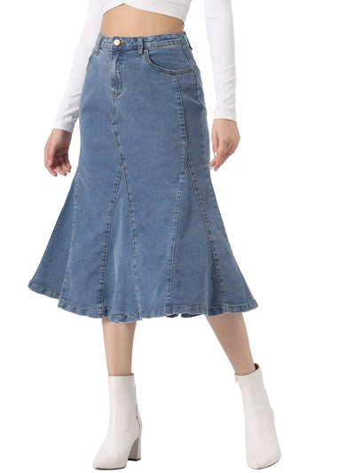 Casual Denim High Waisted A-Line Flared Midi Skirt