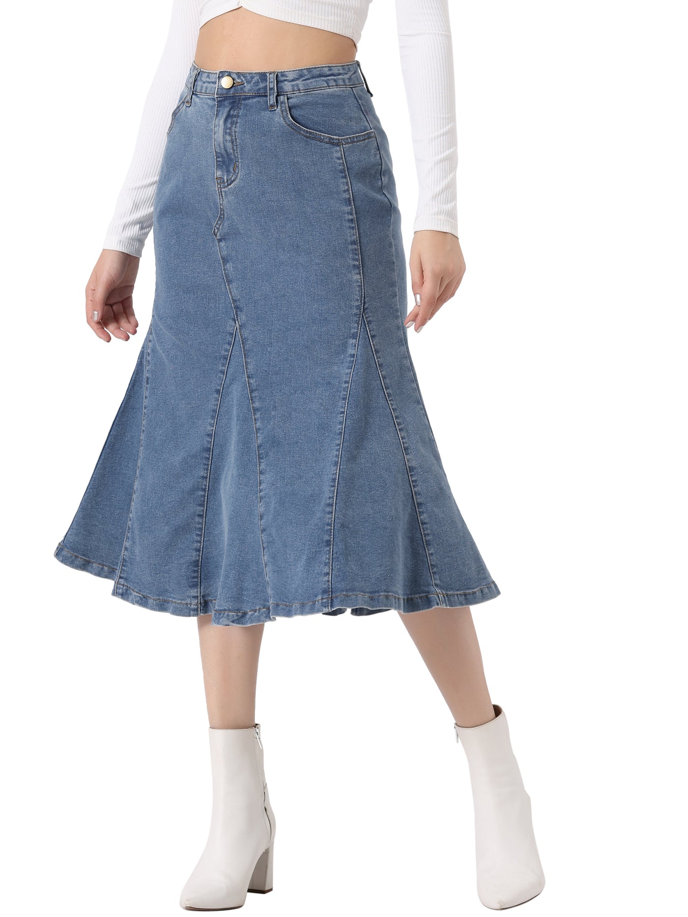 Allegra K Casual Denim High Waisted A-Line Flared Midi Skirt