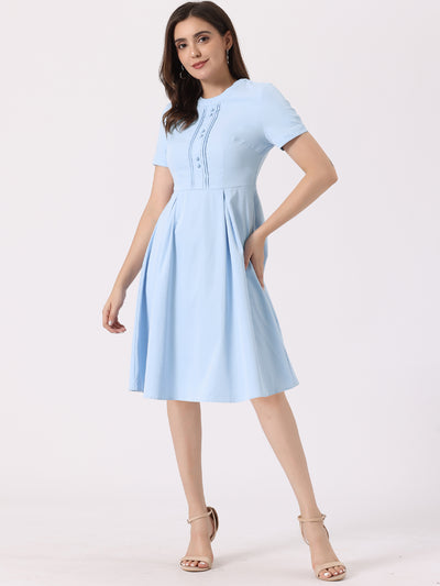 Vintage Round Neck Short Sleeve Pleated 1950s Midi Dress