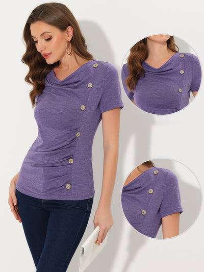 Cowl Neck Short Sleeve Casual Basic Solid Knitted Buttons Decor Ruched Top