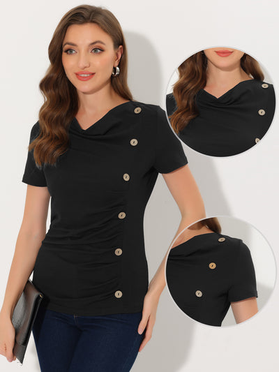Cowl Neck Short Sleeve Casual Basic Solid Knitted Buttons Decor Ruched Top