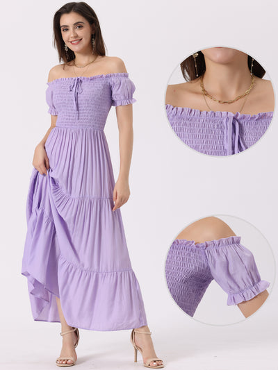 Smocked Tiered Off Shoulder Puff Sleeves Ruffle Maxi Dress